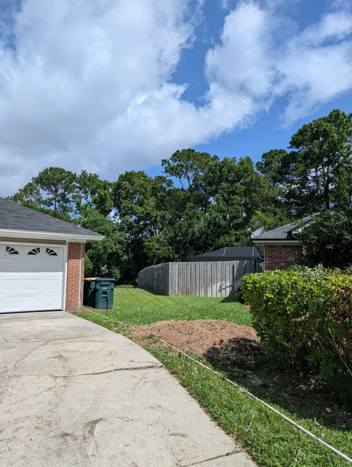 The same side yard after the oak was removed, showing open sky, an intact lawn and a fresh mulch pile where the stump was ground
