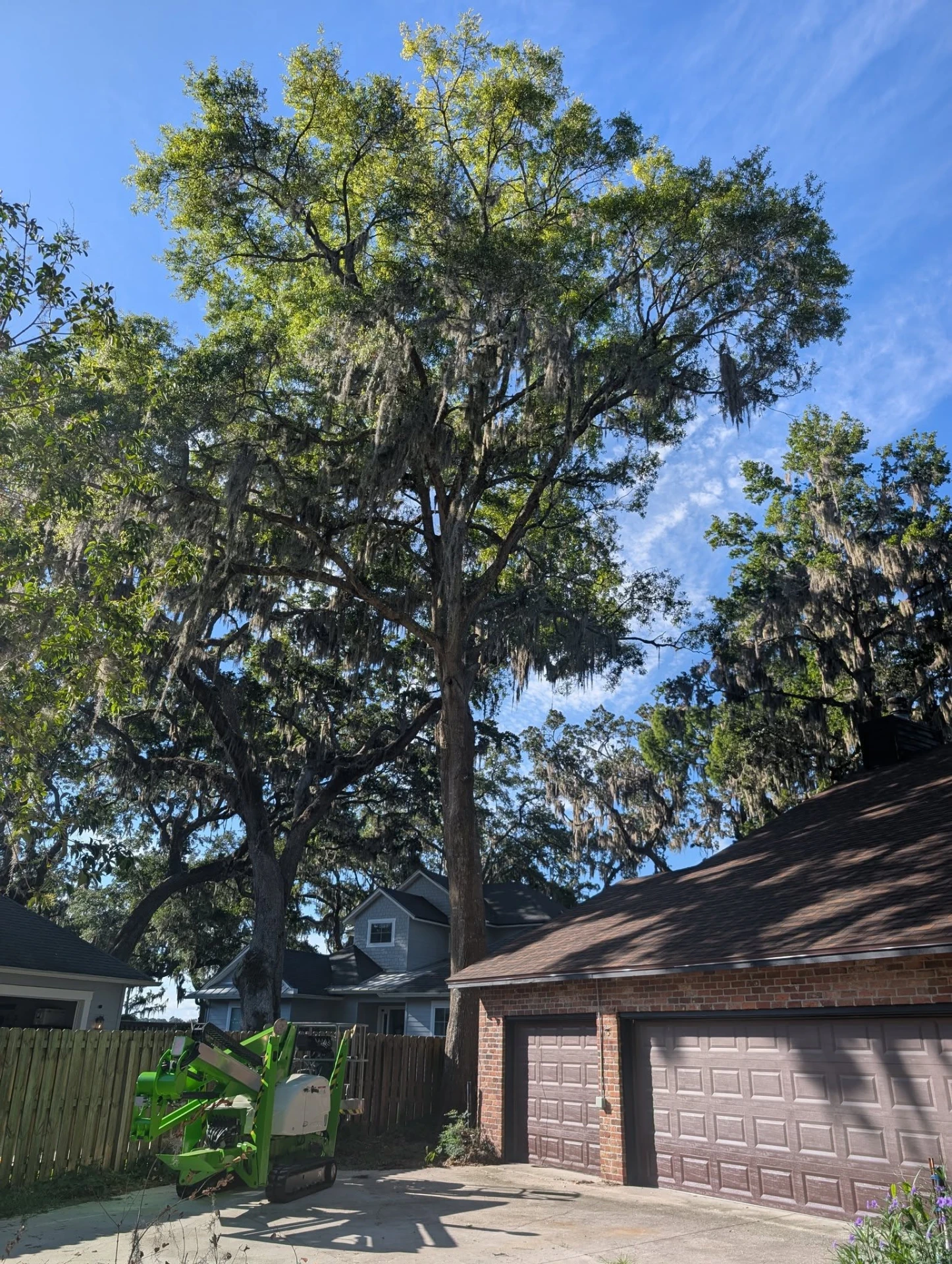 Moss-draped live oak leaning over a brick garage with a compact spider lift staged in the driveway