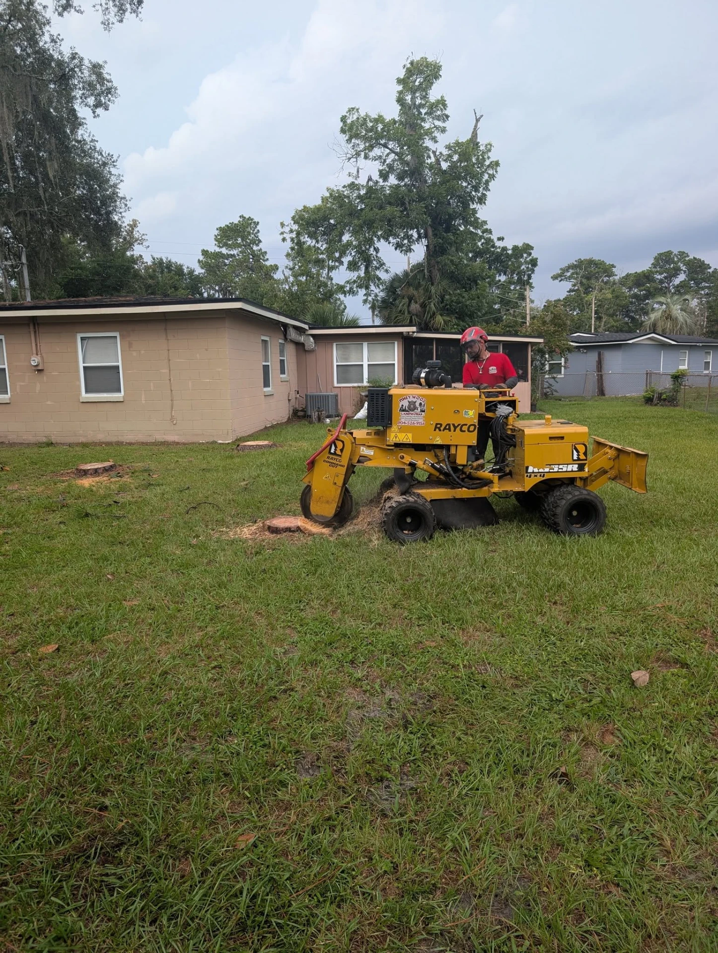 Stump being ground below grade in a residential backyard